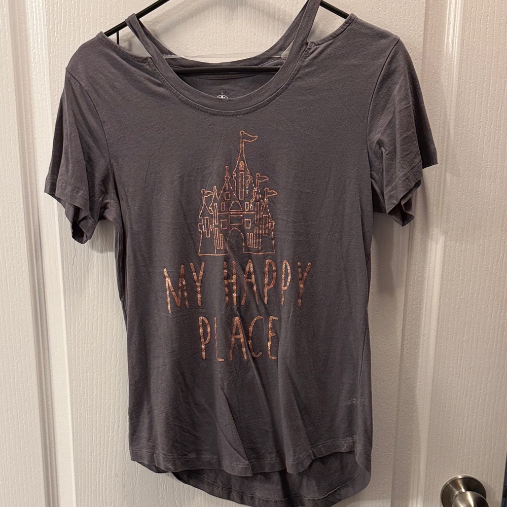 Gray Graphic Tee with Rose Gold Castle Design (M)